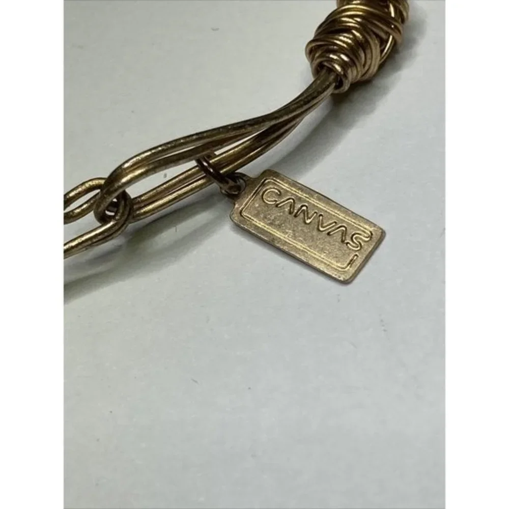 Canvas Bracelet Gold Tone Beaded Gray  Wrapped‎ Wire Hook closure